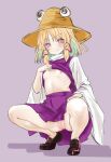  1girl blonde_hair blush breasts brown_hat clothes_lift commentary_request hair_ornament hat highres loafers long_sleeves looking_at_viewer moriya_suwako navel nipples no_bra no_panties purple_skirt purple_vest pussy ribs shirt_lift shoes short_hair simple_background skirt small_breasts smile soara_shimomo solo tiptoes touhou vest wide_sleeves yellow_eyes 
