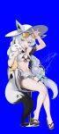  1girl absurdres ahoge alternate_costume alternate_hairstyle animal_ears anizi aqua_eyes arm_up bikini black_bikini blue_background blue_bow bow braid braided_ponytail breasts cleavage commentary_request double-parted_bangs ears_through_headwear eyewear_on_head fox_ears fox_girl fox_shadow_puppet fox_tail front-tie_bikini_top front-tie_top full_body hair_between_eyes hair_bow hat highleg highleg_bikini highres hololive layered_bikini long_hair low_ponytail medium_breasts navel o-ring o-ring_top on_stool open_mouth pentagram ponytail semi-rimless_eyewear shirakami_fubuki side_braid simple_background sitting slippers solo stomach sukonbu_(shirakami_fubuki) sun_hat sunglasses swimsuit tail thigh_strap tinted_eyewear toes very_long_hair virtual_youtuber white_bikini white_hair white_hat wide_brim yellow-tinted_eyewear 