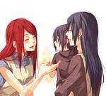  2girls bad_id bad_pixiv_id black_hair carrying child closed_eyes holding_hands long_hair mother_and_son multiple_girls naruto_(series) naruto_shippuuden red_hair sabachon uchiha_itachi uchiha_mikoto uzumaki_kushina younger 