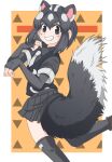  1girl animal_ears black_eyes black_hair black_vest border collared_shirt commentary_request elbow_gloves feet_out_of_frame fluffy_tail gloves grey_gloves grey_shirt grey_skirt grey_thighhighs grin hair_between_eyes hands_up highres kemono_friends light_blush looking_at_viewer multicolored_hair necktie open_mouth shirt short_hair short_sleeves simple_background skirt skunk_ears skunk_girl skunk_tail smile solo spotted_skunk_(kemono_friends) standing standing_on_one_leg tail thighhighs umihanabi1 vest white_border white_hair white_necktie 