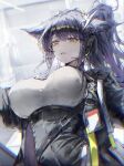  1girl animal_ears arknights black_jacket blacksteel_worldwide_logo breasts cat_ears cat_girl commentary english_commentary from_below hair_ornament headset high-waist_shorts highres id_card jacket jessica_(arknights) jessica_the_liberated_(arknights) large_breasts long_hair long_sleeves onedr open_mouth ponytail purple_hair shirt shorts solo underbust white_shirt yellow_eyes 