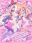  1girl absurdres ahoge animal_ears blonde_hair blush breasts cleavage clothing_cutout commentary_request cropped_shirt detached_collar ear_covers four-finger_heart_hands fusaichi_pandora_(umamusume) hair_between_eyes hair_ornament heart heart_hands highres horse_ears horse_girl horse_tail large_breasts long_hair looking_at_viewer meni_shuki_rush-sshu! mismatched_ear_covers multicolored_hair one_eye_closed parted_lips pink_eyes pink_shirt pink_skirt red_eyes shirt shoulder_cutout skirt solo tail toripica twintails umamusume 
