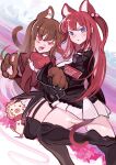 2girls absurdres animal_ears animal_hands armband ass blue_eyes bow breasts brown_hair cat_ears cat_girl cat_tail cicococo claws fang garter_straps gloves hair_bobbles hair_ornament highres jacket kemonomimi_mode large_breasts long_hair mammon_(umineko) multiple_girls paw_gloves red_armband red_eyes red_hair sakutarou_(umineko) showgirl_skirt skirt slit_pupils smile sweatdrop tail thighhighs twintails two_side_up umineko_no_naku_koro_ni ushiromiya_ange white_skirt 