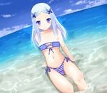  arm_support bad_id bad_pixiv_id bandeau bare_shoulders bikini blue_eyes blue_hair blush breasts cleavage covered_nipples day front-tie_top kay_(utd) long_hair medium_breasts navel o-ring o-ring_top ocean original partially_submerged side-tie_bikini sitting solo striped striped_bikini swimsuit underboob water 