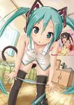  aqua_eyes aqua_hair bedroom blush bottomless cat_tail face hachune_miku hatsune_miku highres indoors k-on! long_hair miu_(angelo_whitechoc) nakano_azusa panties panty_pull poster_(object) pussy solo striped striped_panties tail thighhighs tissue_box twintails uncensored underwear undressing vocaloid vocaloid_(lat-type_ver) 