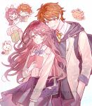  1boy 1girl absurdres backpack bag bai_yang_zi black_hoodie blue_bow blue_bowtie blue_skirt blush_stickers book bookmark bow bowtie brown_hair chibi chibi_inset collared_shirt cowboy_shot green_necktie grin hand_in_pocket highres holding holding_book hood hoodie long_hair long_sleeves necktie open_book original parted_lips plaid_clothes plaid_necktie pleated_skirt red_eyes school_bag school_uniform shirt short_hair skirt smile white_shirt 