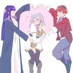  1boy 2girls arm_wrap belt between_legs black_boots blunt_bangs boots brown_boots closed_eyes commentary elf english_commentary fern_(sousou_no_frieren) frieren grey_hair hand_between_legs heart_arms heart_arms_duo jacket messy_hair multiple_girls pink_background pointy_ears purple_hair red_hair red_jacket robe shirt skirt smile solo sousou_no_frieren sparkle standing standing_on_one_leg stark_(sousou_no_frieren) striped_clothes striped_shirt tenshine.art third-party_source twintails v vest white_background white_shirt white_skirt 