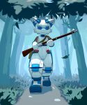 ambiguous_gender anthro detailed_background domestic_cat eibvdy felid feline felis forest grass gun hi_res holding_gun holding_object holding_ranged_weapon holding_weapon kemono leaf mammal martini-henry outside plant ranged_weapon rifle robot_anthro smile solo tree weapon