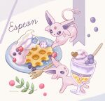  absurdres blueberry character_name commentary_request cream cup drinking_glass espeon food forehead_jewel fork forked_tail fruit highres ice_cream leaf mofucoffee no_humans plate pokemon pokemon_(creature) pokemon_focus purple_fur tail twitter_username waffle 