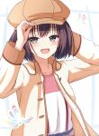  1230_mochi 1girl :d arm_behind_head arms_up blue_butterfly blush brown_hat bug butterfly collared_jacket commentary glowing_butterfly grey_eyes hair_between_eyes hand_on_headwear happy hat highres jacket long_sleeves looking_at_viewer medium_hair nanami_(summer_pockets) newsboy_cap open_clothes open_jacket open_mouth purple_hair shirt simple_background smile solo straight_hair summer_pockets suspenders upper_body white_background white_shirt yellow_jacket 