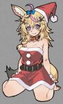  1girl animal_ear_fluff animal_ears arm_support bare_shoulders barefoot belt black_belt black_collar blonde_hair blue_bow bow bowtie braid breasts closed_mouth collar collarbone dress film_grain fox_ears fox_girl fox_tail full_body fur_trim fur_wrist_cuffs grey_background hair_between_eyes hair_bow hat highres hololive long_hair looking_to_the_side medium_breasts omaru_polka on_floor pantsu-ripper purple_eyes red_bow red_bowtie red_dress red_hat santa_costume santa_dress santa_hat scissors_hair_ornament side_braid sidelocks simple_background sitting smile solo split_mouth straight_hair strapless strapless_dress tail wariza wrist_cuffs 