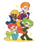  2boys 2girls beebye blonde_hair blue_boots blue_eyes blue_gloves blue_overalls boots can_pull_tab dark-skinned_female dark_skin full_body gloves green_boots green_eyes green_gloves green_hair highres inkling_boy inkling_girl inkling_player_character mohawk multiple_boys multiple_girls octoling octoling_boy octoling_player_character opening_can orange_hair orange_overalls overalls purple_boots purple_gloves red_overalls rubber_boots rubber_gloves salmon_run_(splatoon) sparkle splatoon_(series) yellow_overalls 