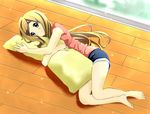  blonde_hair blue_eyes casual hanatani_nina hug k-on! kotobuki_tsumugi long_hair lying on_side pillow shorts solo 