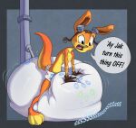 ambiguous_gender anthro big_diaper clean_diaper clothing countershading daxter dialogue diaper diaper_inflation emanata eyewear feet fur gloves goggles goggles_on_headwear handwear hat headgear headwear hi_res inflation jak_and_daxter liquid_inflation male_(lore) mammal mustelid naughty_dog onomatopoeia open_mouth orange_body orange_fur ottsel parumpee paws pipe shaded simple_background solo sony_corporation sony_interactive_entertainment sound_effects speech_bubble tail teeth text tongue toony water_inflation yellow_body yellow_countershading