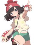  1girl bag beanie black_hair blush breasts closed_mouth collarbone commentary_request floral_print green_shorts grey_eyes hat hiyoshipow holding holding_poke_ball looking_at_viewer midriff_peek poke_ball poke_ball_(basic) pokemon pokemon_sm red_hat selene_(pokemon) shirt shoes short_hair short_sleeves shorts shoulder_bag small_breasts smile tied_shirt yellow_shirt 