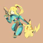  1girl bad_id bad_pixiv_id blonde_hair bodysuit gun handgun holding holding_gun holding_weapon kutta metroid paralyzer pikachu pokemon pokemon_(creature) ponytail samus_aran super_smash_bros. weapon zero_suit 