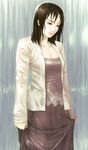  black_eyes black_hair breasts cleavage collarbone copyright_request dress jacket kimura_daisuke long_sleeves medium_breasts rain solo wet 