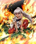  alternate_hairstyle armor arrow bow fire fujiwara_no_mokou hair_bow japanese_armor japanese_clothes katana long_hair one_knee pants planted_arrow ponytail red_eyes ribbon samurai solo sword touhou tsuyadashi_shuuji very_long_hair weapon white_hair 