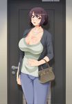  ahoge bag blush breasts cleavage door hair_up handbag highres jewelry large_breasts necklace open_mouth purple_eyes purple_hair purse ring smile solo standing studio_sunadokei 