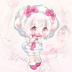  1girl animal_ears aqua_outline bare_arms boots bow bowtie chibi chinese_commentary commentary_request commission cosplay curly_hair eyelashes fang footwear_bow fur-trimmed_boots fur-trimmed_mittens fur-trimmed_shorts fur_hairband fur_sleeves fur_trim goat_ears goat_girl goat_horns goat_tail hair_bow hairband hands_on_own_chin happy horns knees lanlan_zhi_jiabing light_blush light_particles looking_at_viewer mei_yangyang mei_yangyang_(cosplay) mittens nikki_(series) open_mouth outline pink_boots pink_bow pink_bowtie pink_eyes pink_horns pink_mittens pink_scarf pink_snowprint_(shining_nikki) pocket polka_dot polka_dot_bow pom_pom_(clothes) puffy_short_sleeves puffy_sleeves sample_watermark scarf shining_nikki shirt short_hair short_sleeves shorts skin_fang small_horns smile solo sparkling_eyes standing tail tareme too_many_watermarks watermark white_background white_hair white_hairband white_shirt white_shorts xiyangyang_yu_huitailang zoom_layer 