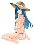  ass bad_proportions barefoot bikini blue_hair breasts feet from_behind full_body hat hinanawi_tenshi kureha_(ironika) long_hair looking_back medium_breasts plantar_flexion red_eyes sideboob simple_background sitting smile solo strap_gap straw_hat swimsuit touhou wariza 