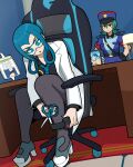  2girls absurdres ankle_monitor bikini blue-tinted_eyewear blue_bikini blue_eyes blue_hair blue_hat blue_nails blue_necktie breasts brown_eyes chair coat commentary desk desk_lamp dress english_commentary gaming_chair glasses gloves green_hair hair_rings hands_on_own_hips hat highres holding holding_scissors jenny_(pokemon) lab_coat lamp long_hair long_sleeves mable_(pokemon) makeup miniskirt muds multiple_girls necktie open_clothes open_coat pantyhose picture_frame pokemon pokemon_legends:_z-a police police_hat police_uniform policewoman red_lips rotom rotom_phone safety_glasses scissors shirt short_sleeves sitting skirt swimsuit swivel_chair tinted_eyewear white_coat white_gloves wikihow 
