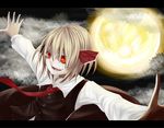  ascot blonde_hair bow cloud dress evil evil_smile fang full_moon hair_bow hair_ribbon highres moon night open_hands open_mouth outstretched_arms red_eyes ribbon rion_(glayjirobass) rumia short_hair skirt sky smile solo spread_arms touhou 