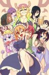  3boys 6+girls alcohol bangs beer black_dress black_hair blonde_hair blue_eyes blunt_bangs blush breasts brown_hair child cleavage collarbone collared_shirt cup dragon_girl dragon_horns dress eating elbow_gloves elma_(maidragon) eyebrows_visible_through_hair fafnir_(maidragon) feet_out_of_frame food frilled_dress frills glasses gloves gradient_hair green_hair green_shirt grey_eyes hair_between_eyes hair_over_one_eye hands_on_own_cheeks hands_on_own_face hat heart heart_eyes heterochromia highres horns kanna_kamui kobayashi-san_chi_no_maidragon kobayashi_(maidragon) large_breasts lavender_hair liquid long_hair looking_at_viewer magatsuchi_shouta maid maid_headdress meat mouth_hold mug multicolored multicolored_eyes multicolored_hair multiple_boys multiple_girls necktie no_nose one_eye_closed open_mouth orange_hair pince-nez pink_eyes plate purple_eyes purple_hair quetzalcoatl_(maidragon) red_eyes red_hair red_neckwear rtil saikawa_riko shirt short_hair smile takiya_makoto teeth thighhighs tooru_(maidragon) white_gloves white_legwear white_shirt yellow_eyes yellow_hat 