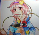  :3 bad_id bad_pixiv_id eyeball hat heart komeiji_koishi komeiji_satori oyahada pink_hair red_eyes shikishi solo third_eye touhou traditional_media 