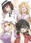  >_< 4girls :d arm_up black_necktie black_skirt blonde_hair blush bob_cut bow breasts brown_hair buttons coat collared_dress collared_shirt commentary commentary_request contrast_collar crossover dress grey_shirt grin hair_between_eyes hair_bow hair_over_one_eye hat hat_bow heart heterochromia highres kamikoshi_sorawo long_hair maribel_hearn medium_hair mob_cap multiple_girls necktie nishina_toriko ok_sign purple_dress purple_eyes red_coat shirt short_hair short_sleeves sidelocks skirt sleeve_cuffs smile sweat three-finger_salute thumbs_up tori_(minamopa) touhou urasekai_picnic usami_renko v very_long_hair white_background white_bow white_hat white_shirt yellow_eyes 