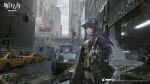  1girl 6+others ambulance animal_ears arknights ballistic_shield black_choker black_coat black_shorts breasts building car cat_ears cat_girl choker city cityscape closed_mouth coat copyright_name cowboy_shot day ears_down expressionless green_eyes grey_shirt headset highres implied_extra_ears jessica_(arknights) jessica_the_liberated_(arknights) large_breasts long_hair long_sleeves looking_at_viewer motor_vehicle multiple_others novelance official_alternate_costume official_art outdoors ponytail purple_hair shield shirt short_shorts shorts skyscraper solo standing taxi traffic_light 