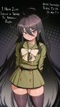  1girl absurdres ahoge amulet angry arms_behind_back black_hair black_thighhighs bow brown_eyes buttons closed_mouth collarbone commentary deitysexual dotted_background double-breasted english_commentary english_text flat_chest frown green_sailor_collar green_serafuku hair_between_eyes hair_spread_out highres jewelry long_hair long_sleeves looking_at_viewer misaki_high_school_uniform multicolored_hair necklace pendant petite sailor_collar school_uniform serafuku shakugan_no_shana shana simple_background skindentation skirt solo straight_hair streaked_hair thick_thighs thighhighs thighs very_long_hair 