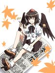  black_hair bobby_socks book bow bowtie brown_eyes bunbunmaru geta grin hat leaf looking_at_viewer newspaper one_eye_closed pen rimibure shameimaru_aya sitting skirt smile socks solo teeth tokin_hat touhou wings 