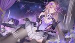  1girl absurdres adapted_costume black_gloves black_pantyhose black_thighhighs breasts brown_hair center_opening comet-c gloves herta_(honkai:_star_rail) highres honkai:_star_rail honkai_(series) knee_up long_hair looking_at_viewer medium_breasts night_sky pantyhose purple_eyes sitting skirt skull smile solo star_(sky) the_herta_(honkai:_star_rail) thighhighs white_skirt 