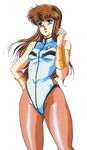  80s armlet blue_eyes bodysuit bracer brown_hair brown_legwear dangaiou highres hirano_toshihiro leotard long_hair mia_alice official_art oldschool pantyhose simple_background solo 