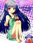  bad_id bad_pixiv_id barefoot blue_hair blush chopsticks collarbone dress feet food fruit furude_rika green_skirt halftone halftone_background hanyuu happy_birthday higurashi_no_naku_koro_ni horns jar long_hair moco861012 multiple_girls open_mouth panties pantyshot pantyshot_(sitting) purple_eyes sitting skirt umeboshi underwear 