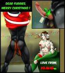 accessory anthro areola balls black_nose blush bodily_fluids breasts butt canid canine canis christmas christmas_clothing clothing costume curved_penis dalmatian digit_ring digital_media_(artwork) dobermann domestic_dog dripping duo english_text erection feet female finger_ring fingers fur genital_fluids genitals gift_tag hair hi_res holidays humanoid_genitalia humanoid_penis jewelry klaus_doberman klaus_doberman_(character) leaking_precum legwear legwear_only looking_at_genitalia looking_at_penis male male/female mammal markings monika_(klausd) mostly_nude muscular muscular_anthro muscular_male navel nipples nude penis penis_accessory penis_bow penis_ribbon pinscher precum precum_drip rear_view red_hair ribbons saggy_balls santa_costume sitting slightly_chubby slightly_chubby_anthro slightly_chubby_female spots spotted_body spotted_fur standing stockings stockings_only tail text toes undressing_self white_body white_fur