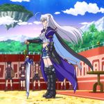  animal_ears armor dog_days hands_on_hips highres leonmitchelli_galette_des_rois shorts silver_hair stitched sword weapon yellow_eyes 
