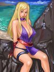  1girl blonde_hair blue_eyes bonne_jenet fatal_fury garou_mark_of_the_wolves gloves king_of_fighters long_hair mark_of_the_wolves sky snk solo water 