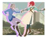  2girls :d black_boots blue_jacket blue_shirt blue_sky blurry blurry_background blush boots border brown_boots cloud cloudy_sky dancing dress drop_shadow eye_contact face-to-face from_side gauntlets grass grey_eyes grey_pants hair_ornament hashtag-only_commentary highres holding_hands jacket leg_up long_dress long_hair looking_at_another low_ponytail marsha_(reverse:1999) military_uniform multiple_girls nago_(nago1150610) open_mouth outside_border pants pants_under_dress ponytail profile red_hair reverse:1999 sentinel_(reverse:1999) shirt short_hair shoulder_belt sky smile standing standing_on_one_leg white_border white_dress windmill 