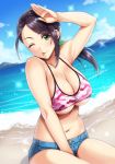  1girl bangs bare_shoulders beach bikini black_hair blush breasts camouflage camouflage_bikini cleavage closed_mouth collarbone denim denim_shorts green_eyes highres idolmaster idolmaster_cinderella_girls large_breasts long_hair looking_at_viewer navel ocean one_eye_closed pink_bikini_top ponytail salute scrunchie short_shorts shorts sitting smile solo sparkle swept_bangs swimsuit thighs tongue tongue_out yamato_aki yoohi 