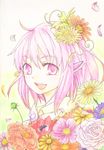  :d animal_ears colored_pencil_(medium) earrings flower hair_flower hair_ornament highres jewelry lily_(flower) looking_at_viewer mystia_lorelei no_hat no_headwear open_mouth ozawa petals pink_eyes pink_hair rose short_hair smile solo touhou traditional_media 