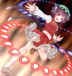  animal_ears brown_hair cat_ears cat_tail chen danmaku fingernails frills hat long_fingernails midriff misumi_kouji multiple_tails navel red_eyes short_hair skirt solo tail touhou 