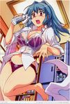  absurdres ahoge barefoot blouse blue_hair bra breasts can cassie_lockheart cleavage d: freezing highres kim_kwang_hyun large_breasts lingerie navel open_mouth red_eyes see-through soda_can solo spill surprised towel underwear wet wet_clothes 