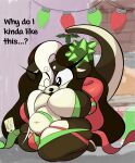 accessory anthro bdsm bella_(scrudy) belly big_bulge big_butt bound bow_ribbon breast_squish breasts bulge butt christmas christmas_present confusion female gift gift_bow gift_tag gift_wrapped gynomorph hair_accessory hair_bow hair_ribbon herm hi_res holidays intersex mammal mistletoe mistletoe_on_tail mustelid otter plant question questioning ribbons scrudy slightly_chubby slightly_chubby_gynomorph slightly_chubby_intersex solo squish tail thick_thighs thigh_squish wide_hips