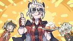  3girls azazel_(helltaker) black_gloves broken_eyewear cinnamon_roll demon_girl demon_horns demon_tail food glasses gloves helltaker holding holding_plate horns justice_(helltaker) kyo-hei_(kyouhei) modeus_(helltaker) multiple_girls necktie pastry plate red_shirt shirt tail thumbs_up tongue tongue_out white_gloves 