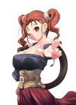  bare_shoulders blush breasts cleavage corset dragon_quest dragon_quest_viii dress earrings highres jessica_albert jewelry katori_(mocchidou) red_eyes red_hair simple_background smile solo square_enix standing whip 