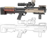  7n39 absurdres ammunition bullpup commentary english_commentary gun highres kel-tec_ksg no_humans original pump_action scope shotgun shotgun_shell simple_background weapon 