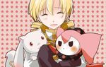  ^_^ angry blonde_hair blush charlotte_(madoka_magica) closed_eyes drill_hair kazeru kyubey mahou_shoujo_madoka_magica red_eyes simple_background star tomoe_mami twin_drills twintails 