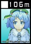  :&lt; black_border blue_eyes blue_hair border bubble circle_cut kawashiro_nitori kuro_oolong lure solo staring touhou two_side_up underwater upper_body wide-eyed 